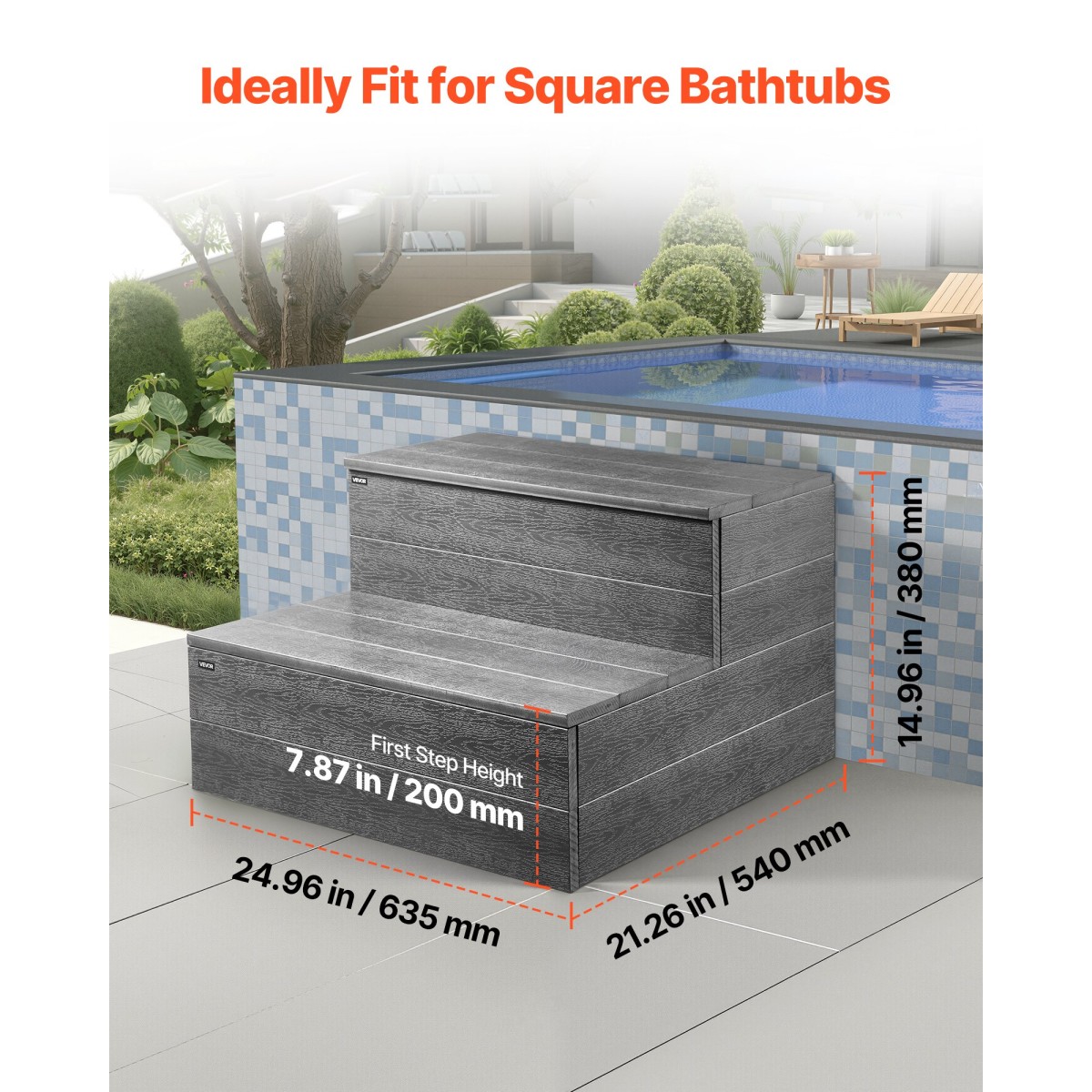 VEVOR Hot Tub Step, 2-Step Spa Εξωτερικές σκάλες, Heavy Duty 635 mm πλάτος HIPS Πάνω από το έδαφος/Φουσκωτή σκάλα πισίνας με χωρητικότητα 272,2 kg, πολλαπλών χρήσεων για βεράντα, βεράντα, κατάστρωμα, κατασκηνώσεις, γκρι γραφίτη