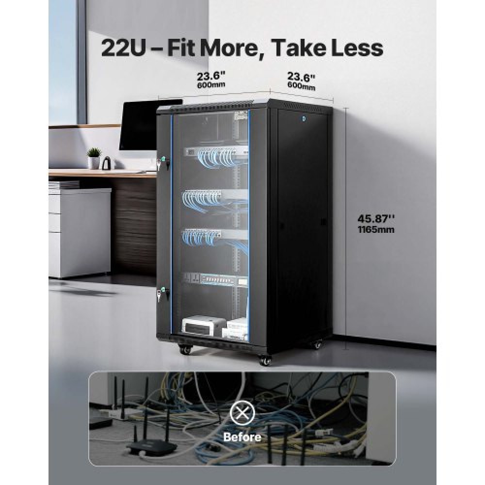 VEVOR 22U Network Cabinet Wall Mount, 600 mm Depth, 136 kg Max Load Capacity Server Cabinet Rack Enclosure with Locking Tempered Glass Door, Side Panels, Server Rack for IT Equipment, A/V Devices