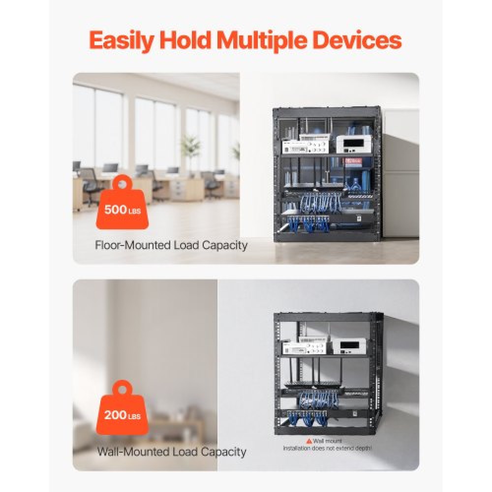 VEVOR 12U Open Frame Network Rack, 585 mm Depth, Wall Mounted or Floor Standing Server Rack, Heavy Duty 4 Post, with Vented Shelves & Mounting Hardware, Holds All Your Networking IT Equipment AV Gear