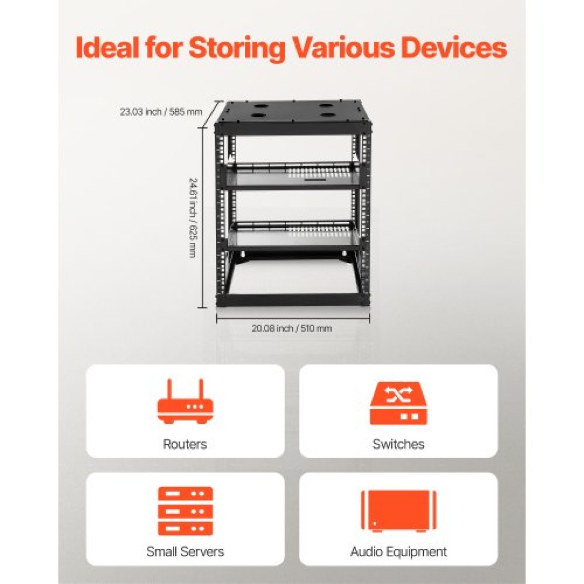 VEVOR 12U Open Frame Network Rack, 585 mm Βάθος, Επίτοιχος ή Επιδαπέδιος Server Rack, Heavy Duty 4 Post, με αεριζόμενα ράφια & εξοπλισμό στερέωσης, χωράει όλο τον εξοπλισμό πληροφορικής δικτύωσης AV Gear