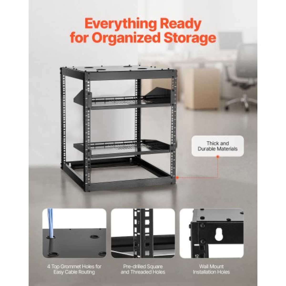 VEVOR 12U Open Frame Network Rack, 585 mm Βάθος, Επίτοιχος ή Επιδαπέδιος Server Rack, Heavy Duty 4 Post, με αεριζόμενα ράφια & εξοπλισμό στερέωσης, χωράει όλο τον εξοπλισμό πληροφορικής δικτύωσης AV Gear