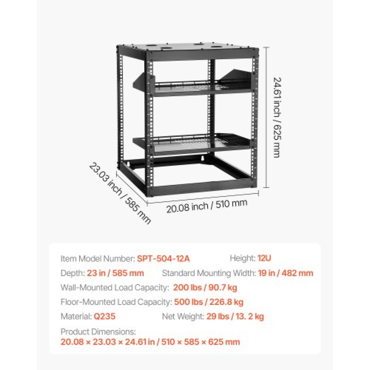 VEVOR 12U Open Frame Network Rack, 585 mm Βάθος, Επίτοιχος ή Επιδαπέδιος Server Rack, Heavy Duty 4 Post, με αεριζόμενα ράφια & εξοπλισμό στερέωσης, χωράει όλο τον εξοπλισμό πληροφορικής δικτύωσης AV Gear