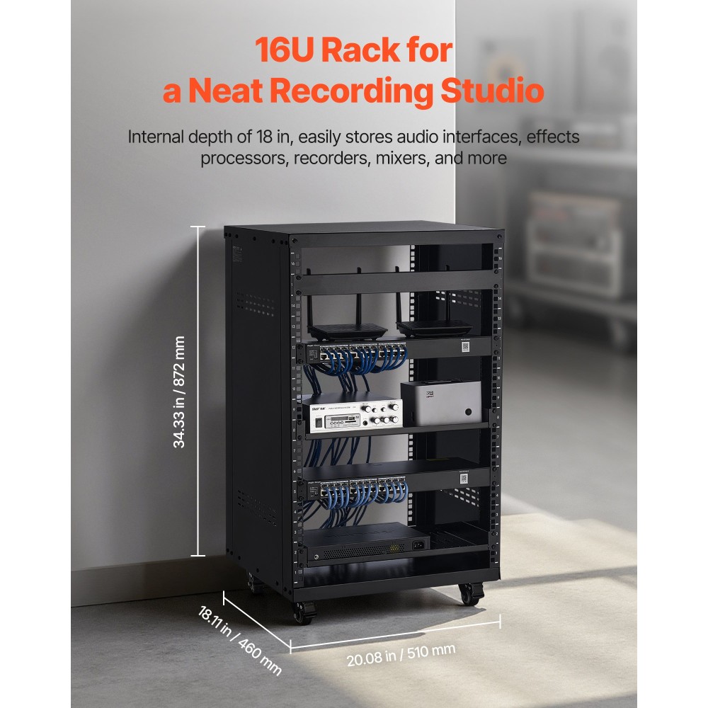Rack VEVOR 16U AV, μέγιστη χωρητικότητα 90,7 kg, Rack στούντιο ηχογράφησης για το σπίτι με τροχούς που κλειδώνουν, ντουλάπι διακομιστή ανοιχτού πλαισίου, ειδική σχεδίαση εξαερισμού, για τοποθέτηση ήχου βίντεο μουσικής και εξοπλισμού πληροφορικής