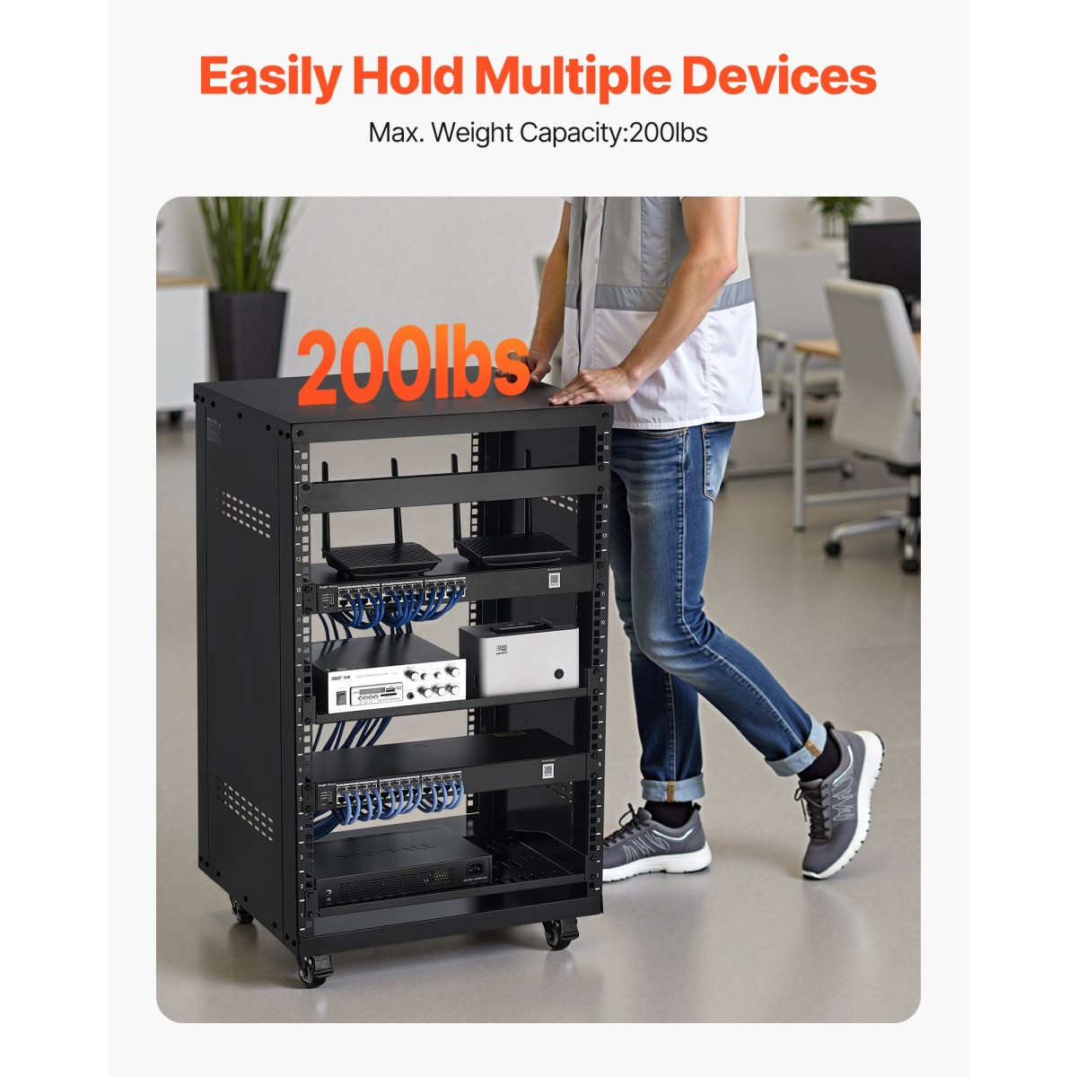 Rack VEVOR 16U AV, μέγιστη χωρητικότητα 90,7 kg, Rack στούντιο ηχογράφησης για το σπίτι με τροχούς που κλειδώνουν, ντουλάπι διακομιστή ανοιχτού πλαισίου, ειδική σχεδίαση εξαερισμού, για τοποθέτηση ήχου βίντεο μουσικής και εξοπλισμού πληροφορικής