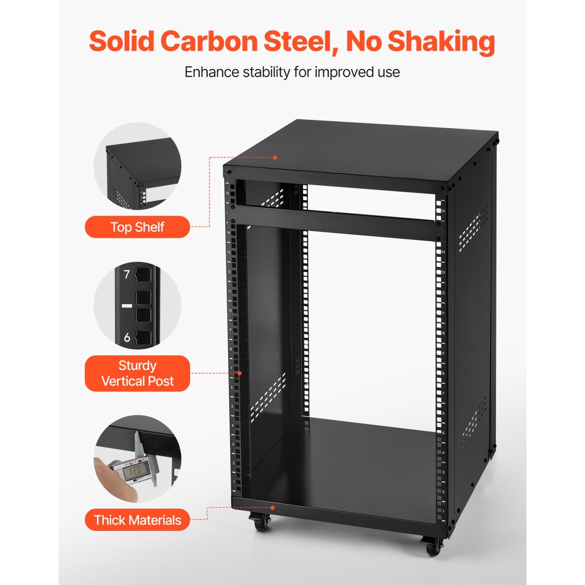 Rack VEVOR 16U AV, μέγιστη χωρητικότητα 90,7 kg, Rack στούντιο ηχογράφησης για το σπίτι με τροχούς που κλειδώνουν, ντουλάπι διακομιστή ανοιχτού πλαισίου, ειδική σχεδίαση εξαερισμού, για τοποθέτηση ήχου βίντεο μουσικής και εξοπλισμού πληροφορικής