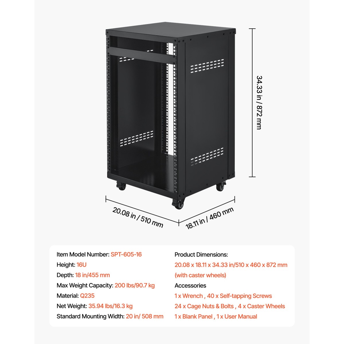Rack VEVOR 16U AV, μέγιστη χωρητικότητα 90,7 kg, Rack στούντιο ηχογράφησης για το σπίτι με τροχούς που κλειδώνουν, ντουλάπι διακομιστή ανοιχτού πλαισίου, ειδική σχεδίαση εξαερισμού, για τοποθέτηση ήχου βίντεο μουσικής και εξοπλισμού πληροφορικής