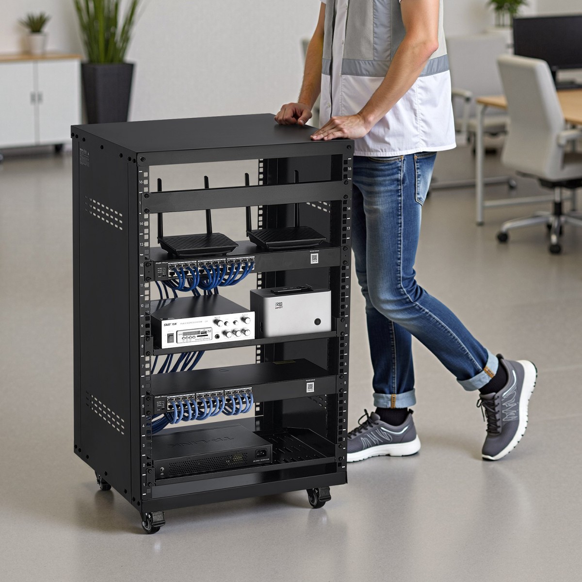 Rack VEVOR 16U AV, μέγιστη χωρητικότητα 90,7 kg, Rack στούντιο ηχογράφησης για το σπίτι με τροχούς που κλειδώνουν, ντουλάπι διακομιστή ανοιχτού πλαισίου, ειδική σχεδίαση εξαερισμού, για τοποθέτηση ήχου βίντεο μουσικής και εξοπλισμού πληροφορικής