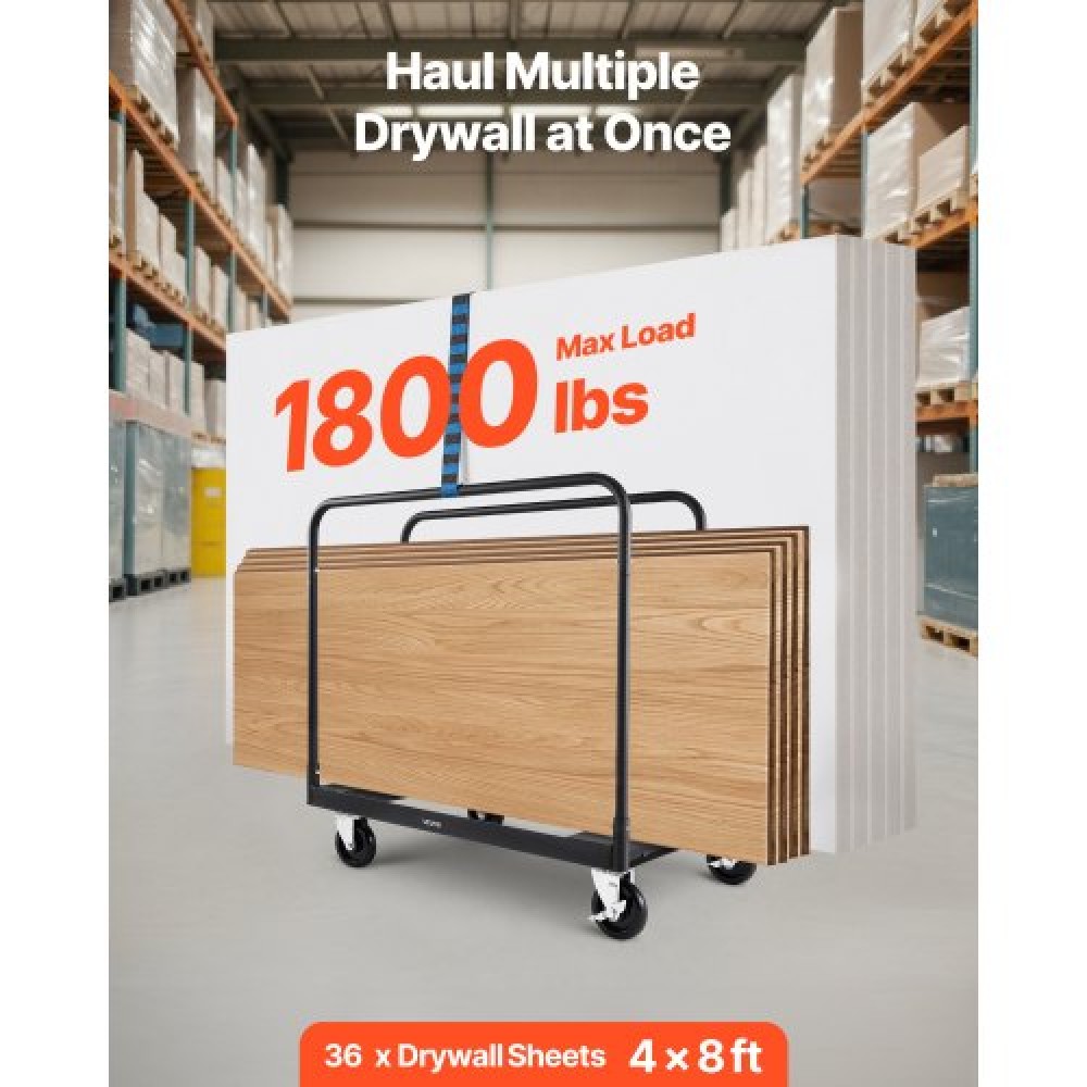 VEVOR Drywall Cart Dolly, Χωρητικότητα 816 kg, Καρότσι φορτηγού από ατσάλινο πάνελ με περιστρεφόμενους τροχούς 12,5 mm, Dolly γυψοσανίδας ξυλείας με ιμάντα δεσίματος & 3 πλαϊνές κουπαστές για εργοστάσιο, αποθήκη, γκαράζ, μαύρο