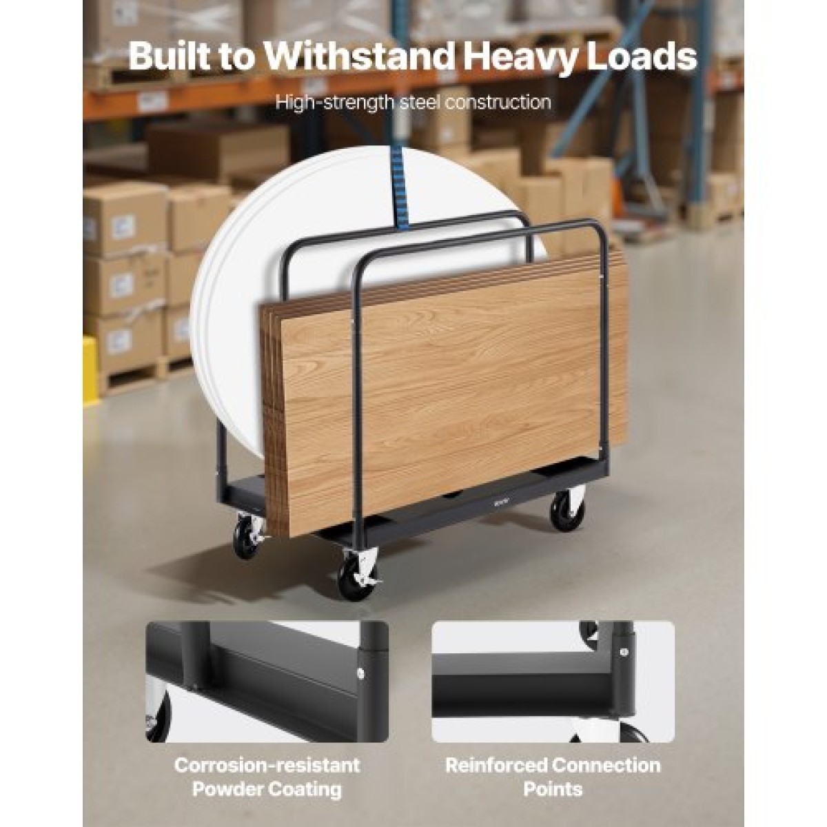 VEVOR Drywall Cart Dolly, Χωρητικότητα 816 kg, Καρότσι φορτηγού από ατσάλινο πάνελ με περιστρεφόμενους τροχούς 12,5 mm, Dolly γυψοσανίδας ξυλείας με ιμάντα δεσίματος & 3 πλαϊνές κουπαστές για εργοστάσιο, αποθήκη, γκαράζ, μαύρο