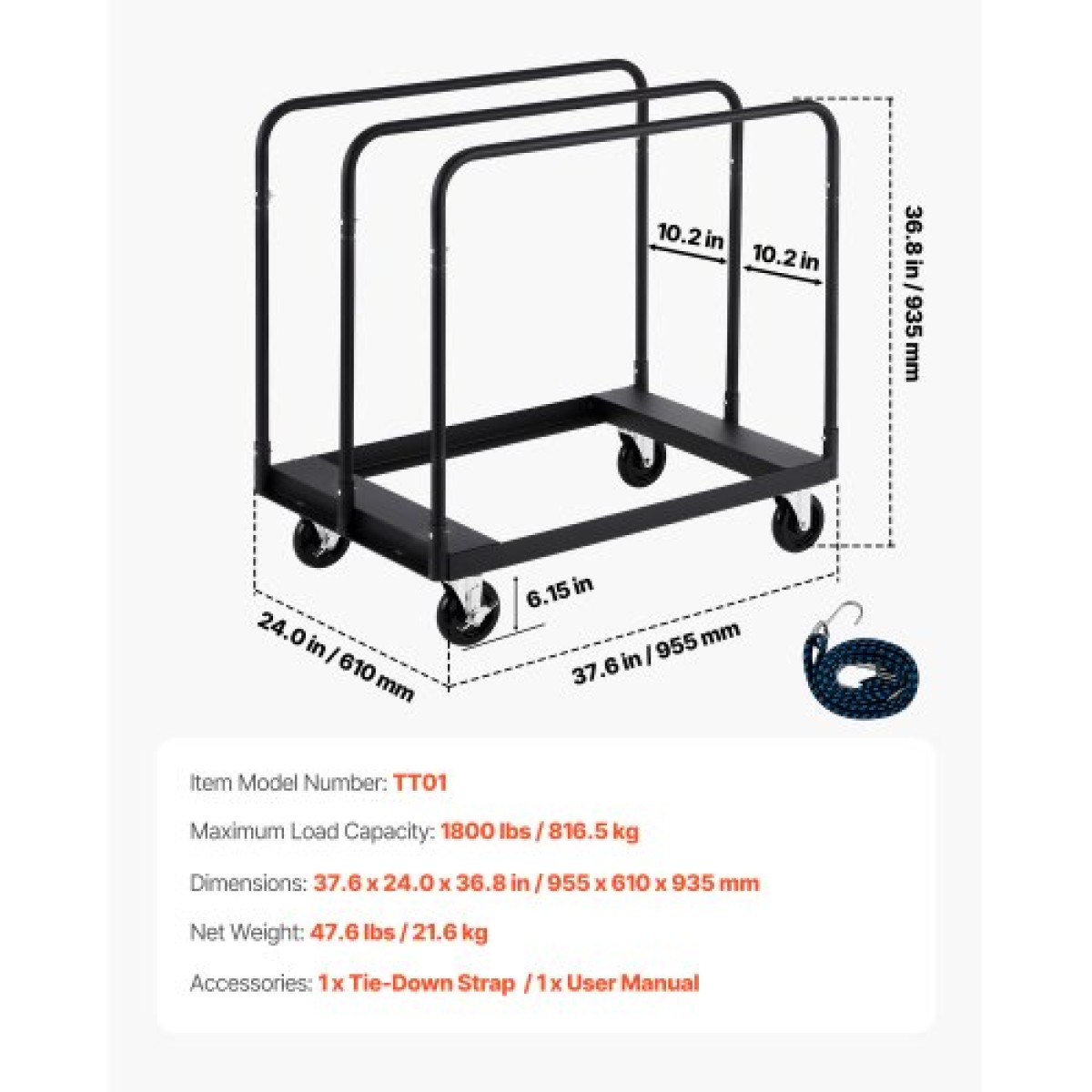 VEVOR Drywall Cart Dolly, Χωρητικότητα 816 kg, Καρότσι φορτηγού από ατσάλινο πάνελ με περιστρεφόμενους τροχούς 12,5 mm, Dolly γυψοσανίδας ξυλείας με ιμάντα δεσίματος & 3 πλαϊνές κουπαστές για εργοστάσιο, αποθήκη, γκαράζ, μαύρο