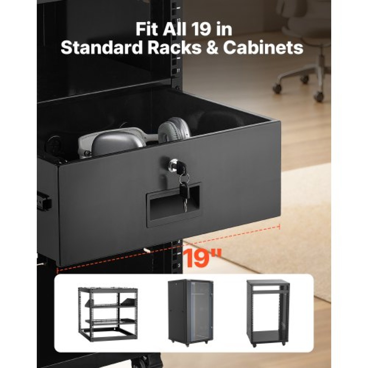 Συρτάρι βάσης VEVOR 4U Rack, 22,68 kg μέγιστο φέρον φορτίο, θήκη ντουλαπιού διακομιστή με δυνατότητα κλειδώματος, συρόμενο συρτάρι με κλείδωμα και τρύπες διαχείρισης καλωδίων, για εξοπλισμό δικτύου διακομιστή AV Rack ή περίβλημα ντουλαπιού