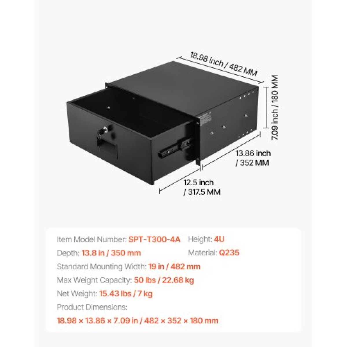 Συρτάρι βάσης VEVOR 4U Rack, 22,68 kg μέγιστο φέρον φορτίο, θήκη ντουλαπιού διακομιστή με δυνατότητα κλειδώματος, συρόμενο συρτάρι με κλείδωμα και τρύπες διαχείρισης καλωδίων, για εξοπλισμό δικτύου διακομιστή AV Rack ή περίβλημα ντουλαπιού