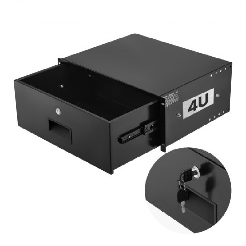 Συρτάρι βάσης VEVOR 4U Rack, 22,68 kg μέγιστο φέρον φορτίο, θήκη ντουλαπιού διακομιστή με δυνατότητα κλειδώματος, συρόμενο συρτάρι με κλείδωμα και τρύπες διαχείρισης καλωδίων, για εξοπλισμό δικτύου διακομιστή AV Rack ή περίβλημα ντουλαπιού