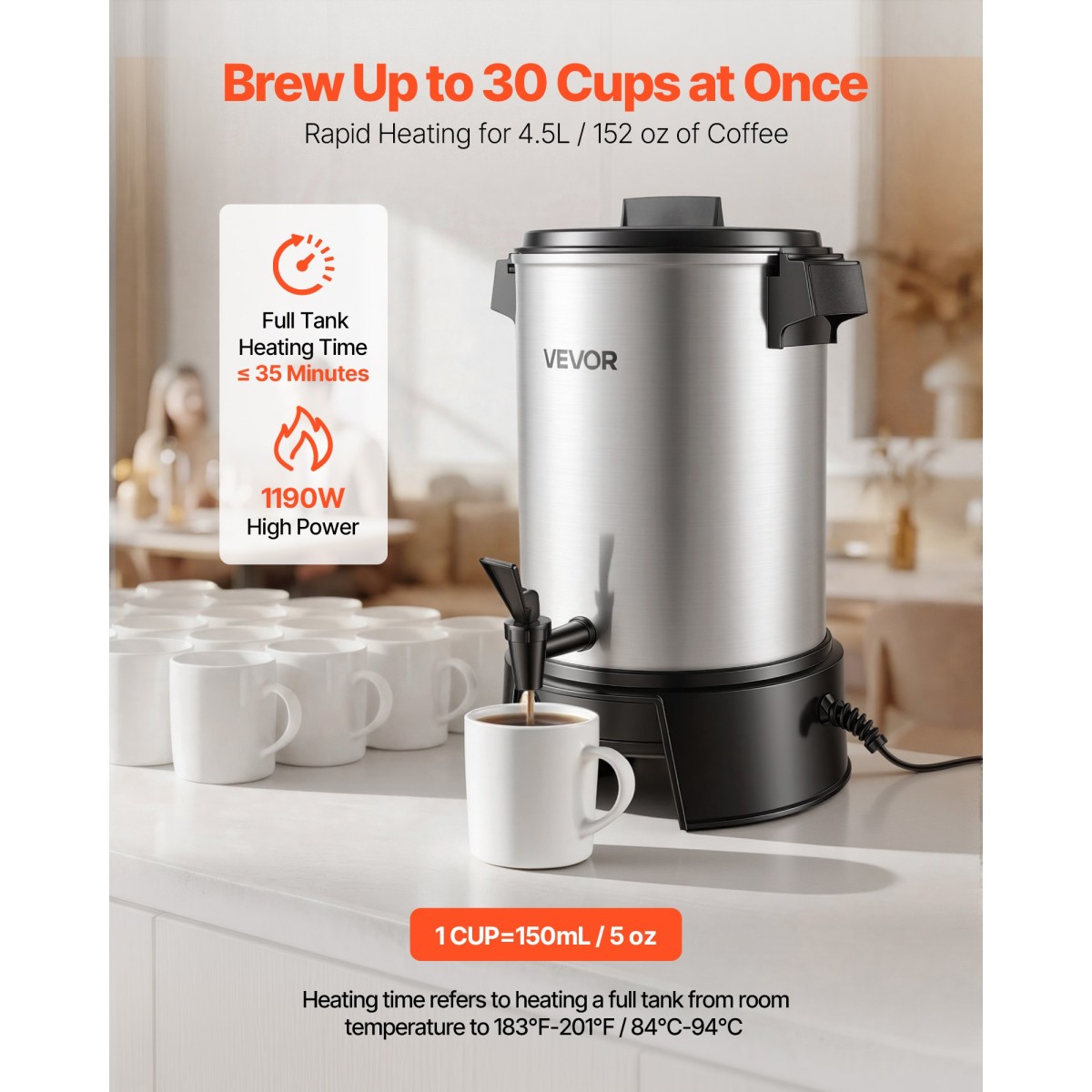 VEVOR Commercial Coffee Urn, 30 φλιτζάνια 4,5L δοσομετρητής ζεστών ροφημάτων με βρύση χωρίς σταγόνες, 1190W γρήγορης παρασκευής καφέ, Αυτόματος έλεγχος θερμοκρασίας, για κέτερινγκ, πάρτι, εκκλησία και εστιατόριο