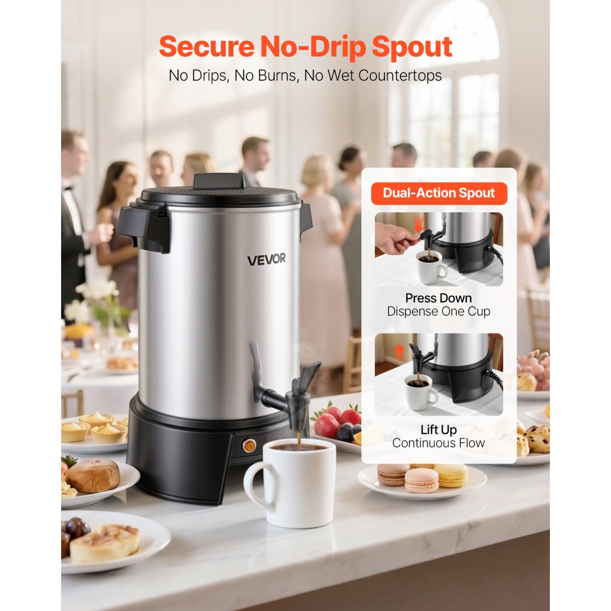 VEVOR Commercial Coffee Urn, 30 φλιτζάνια 4,5L δοσομετρητής ζεστών ροφημάτων με βρύση χωρίς σταγόνες, 1190W γρήγορης παρασκευής καφέ, Αυτόματος έλεγχος θερμοκρασίας, για κέτερινγκ, πάρτι, εκκλησία και εστιατόριο