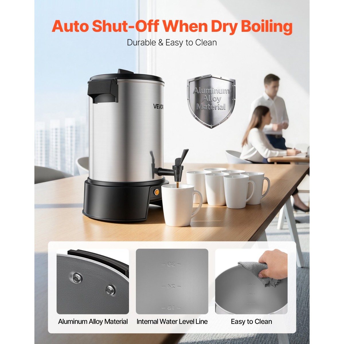 VEVOR Commercial Coffee Urn, 30 φλιτζάνια 4,5L δοσομετρητής ζεστών ροφημάτων με βρύση χωρίς σταγόνες, 1190W γρήγορης παρασκευής καφέ, Αυτόματος έλεγχος θερμοκρασίας, για κέτερινγκ, πάρτι, εκκλησία και εστιατόριο