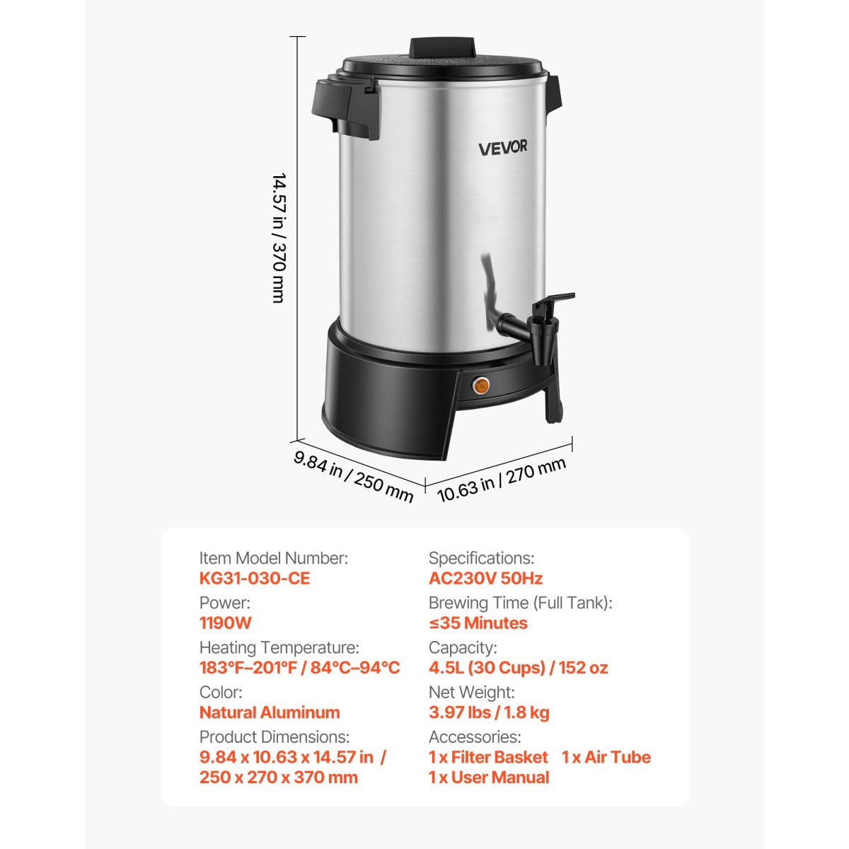 VEVOR Commercial Coffee Urn, 30 φλιτζάνια 4,5L δοσομετρητής ζεστών ροφημάτων με βρύση χωρίς σταγόνες, 1190W γρήγορης παρασκευής καφέ, Αυτόματος έλεγχος θερμοκρασίας, για κέτερινγκ, πάρτι, εκκλησία και εστιατόριο