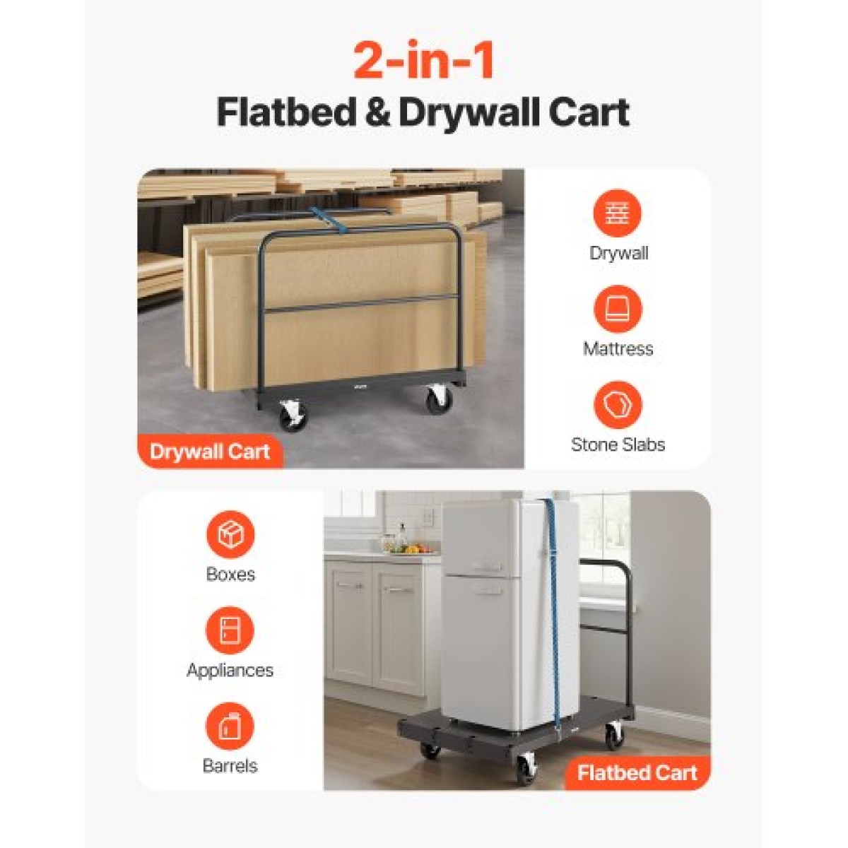 VEVOR Drywall Cart Dolly, χωρητικότητα 816 kg, 2-σε-1 καροτσάκι φορτηγού από ατσάλι με περιστρεφόμενους τροχούς 12,5 mm, φορτηγό πλατφόρμας 91,4 x 61 cm με 3 πλαϊνές κουπαστές για εργοστάσιο, αποθήκη, γκαράζ, μαύρο