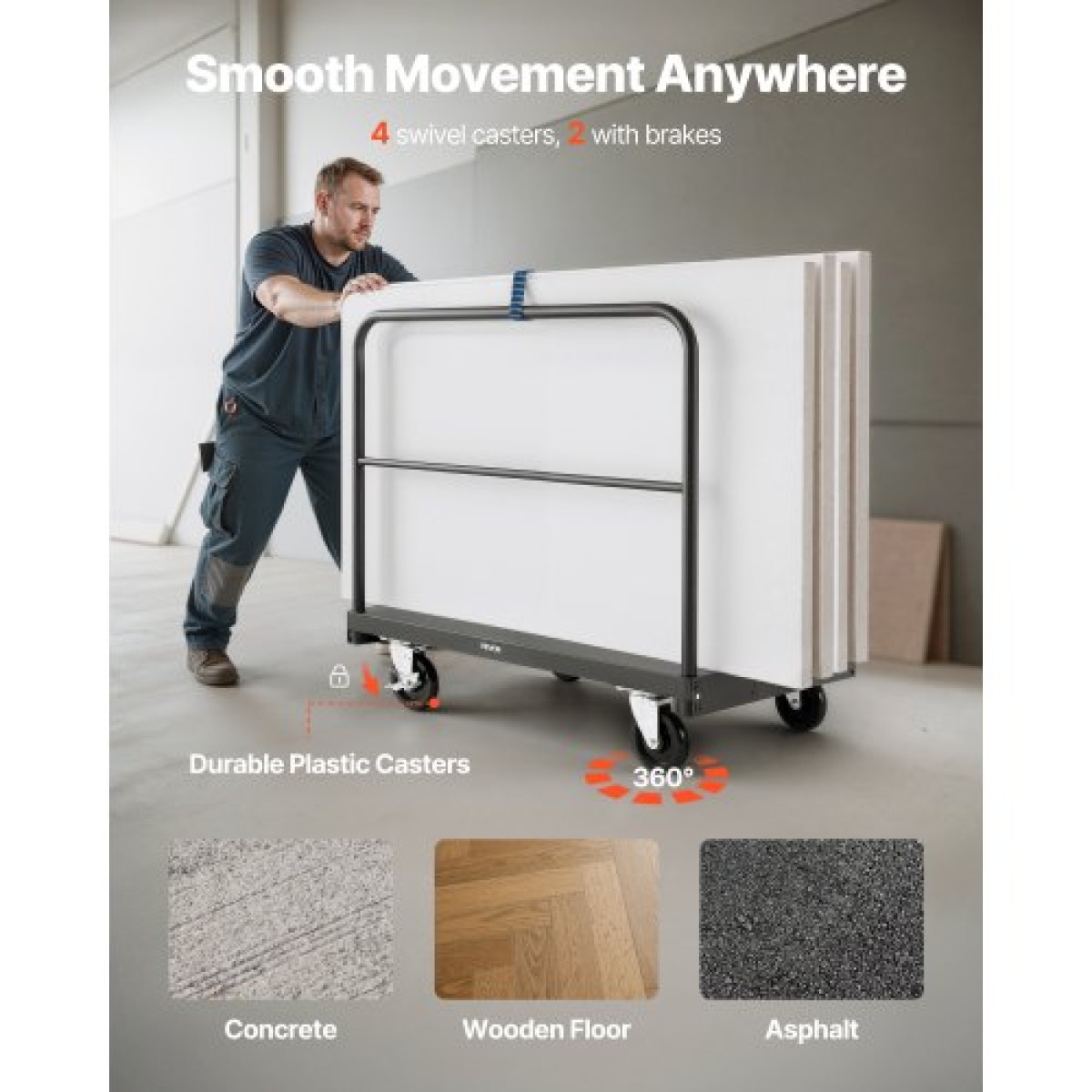 VEVOR Drywall Cart Dolly, χωρητικότητα 816 kg, 2-σε-1 καροτσάκι φορτηγού από ατσάλι με περιστρεφόμενους τροχούς 12,5 mm, φορτηγό πλατφόρμας 91,4 x 61 cm με 3 πλαϊνές κουπαστές για εργοστάσιο, αποθήκη, γκαράζ, μαύρο