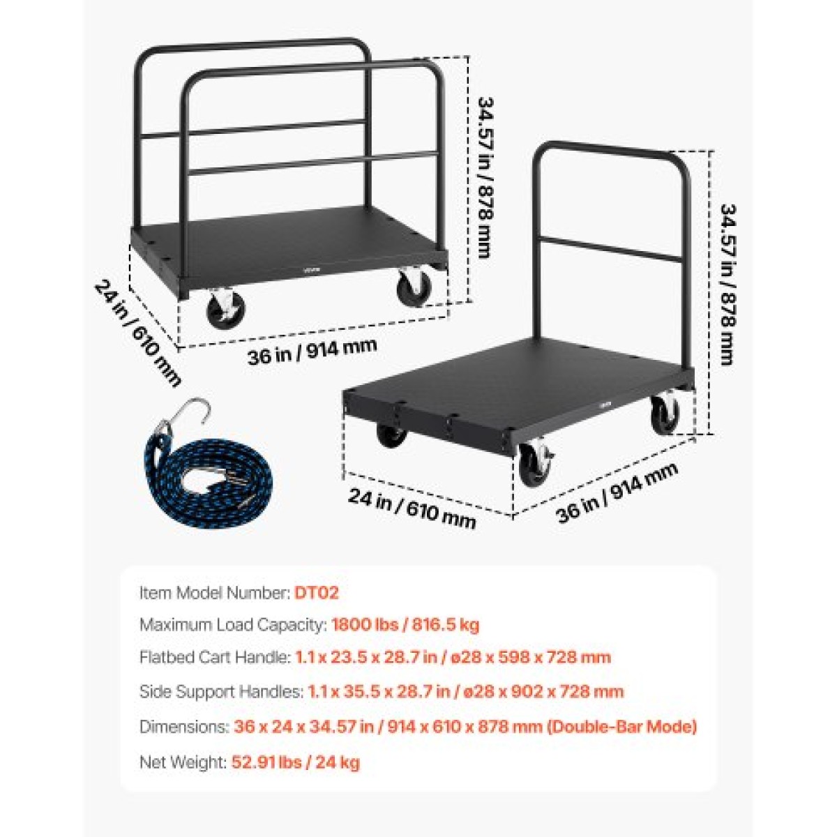 VEVOR Drywall Cart Dolly, χωρητικότητα 816 kg, 2-σε-1 καροτσάκι φορτηγού από ατσάλι με περιστρεφόμενους τροχούς 12,5 mm, φορτηγό πλατφόρμας 91,4 x 61 cm με 3 πλαϊνές κουπαστές για εργοστάσιο, αποθήκη, γκαράζ, μαύρο