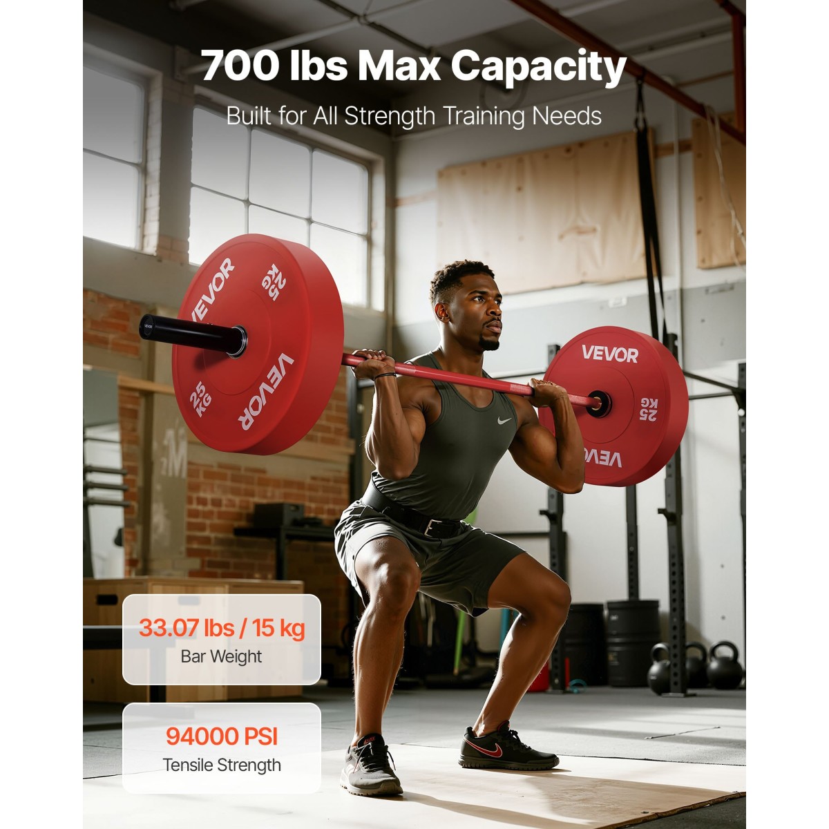 VEVOR Barbell Bar 180cm, Εφαρμογή πλάκες βάρους 2 ιντσών, Barbell Bar με γρατσουνισμένη λαβή για προπόνηση δύναμης, Άρση βαρών, Squat, Deadlift, Πρέσα πάγκου, Curl, Overhead Press, Χωρητικότητα 700lbs/317kg
