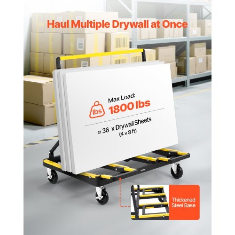 VEVOR Drywall Cart Dolly, χωρητικότητα φορτίου 816 kg, Dolly από ατσάλινο πάνελ με 4 περιστρεφόμενους τροχούς & επεκτεινόμενο κατάστρωμα, καρότσι φορτηγού με πτυσσόμενο πάνελ με ιμάντα πρόσδεσης για χειρισμό κόντρα πλακέ, γυψοσανίδα, γυαλί