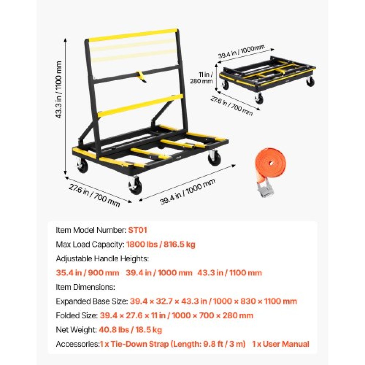 VEVOR Drywall Cart Dolly, χωρητικότητα φορτίου 816 kg, Dolly από ατσάλινο πάνελ με 4 περιστρεφόμενους τροχούς & επεκτεινόμενο κατάστρωμα, καρότσι φορτηγού με πτυσσόμενο πάνελ με ιμάντα πρόσδεσης για χειρισμό κόντρα πλακέ, γυψοσανίδα, γυαλί