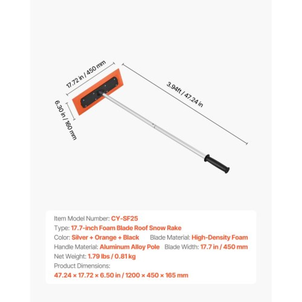 VEVOR Snow Roof Rake, 1,2m Long Reach Roof Snow Snow Scraper, 45cm Λεπίδα αφρού για χωρίς γρατσουνιές, Αντιολισθητική λαβή, Ελαφρύ εργαλείο αφαίρεσης χιονιού για καθαρισμό υπολειμμάτων από ταράτσα γκαράζ οχημάτων