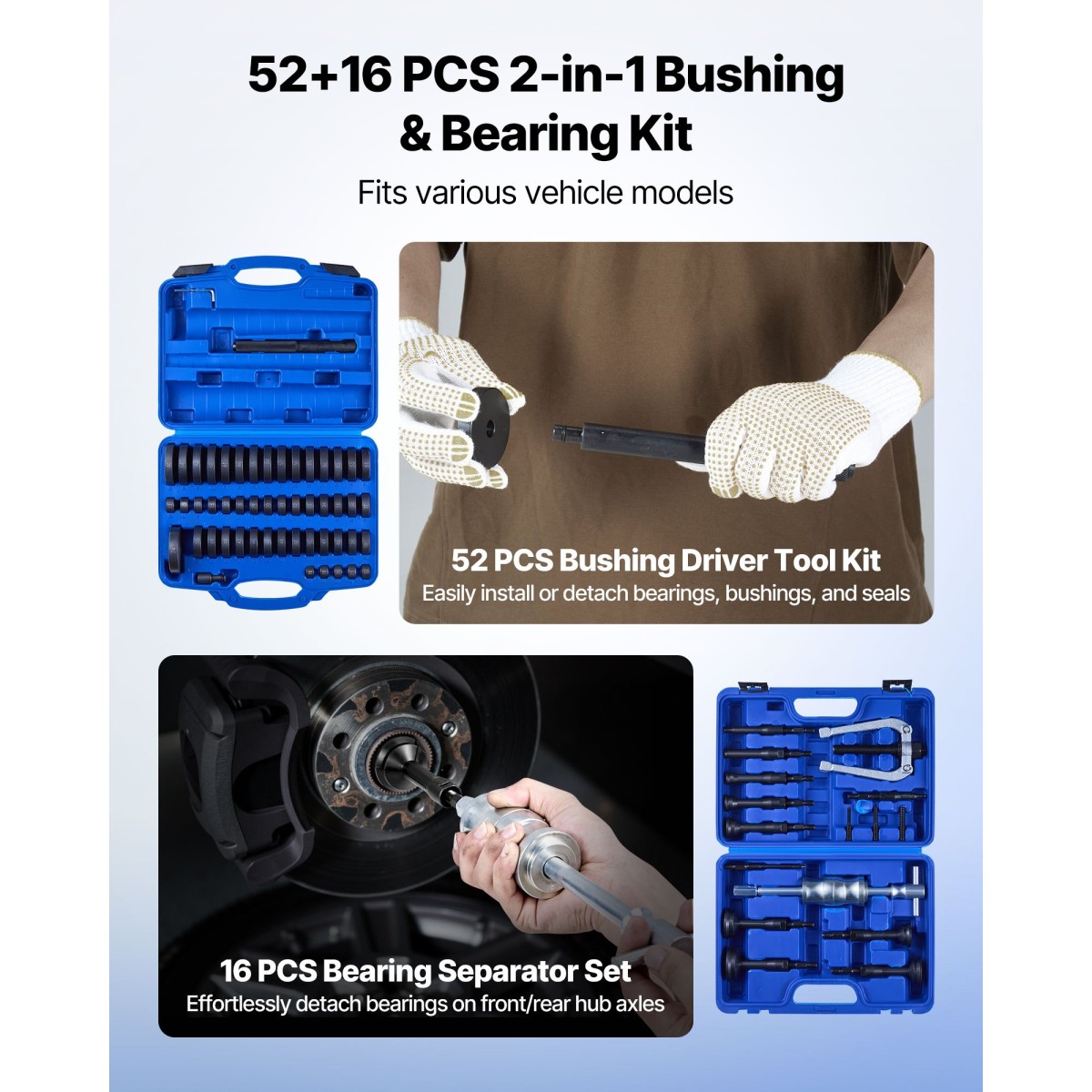 VEVOR Bearing Press Kit, 52+16 Pcs, 2 in 1 Bushing Driver Tool & Bearing Kit, Race and Seal Driver Kit με 49 κουμπώματα, 10 κολέτες, Slide Hammer, Heavy Duty Removal Set τοποθέτηση με θήκη