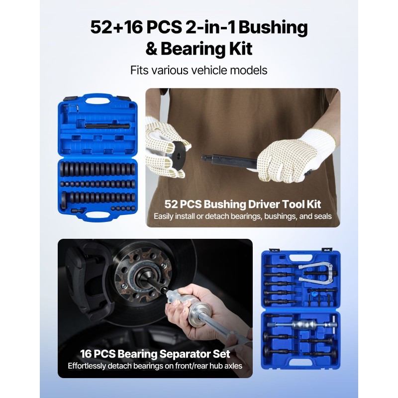 VEVOR Bearing Press Kit, 52+16 Pcs, 2 in 1 Bushing Driver Tool & Bearing Kit, Race and Seal Driver Kit με 49 κουμπώματα, 10 κολέτες, Slide Hammer, Heavy Duty Removal Set τοποθέτηση με θήκη