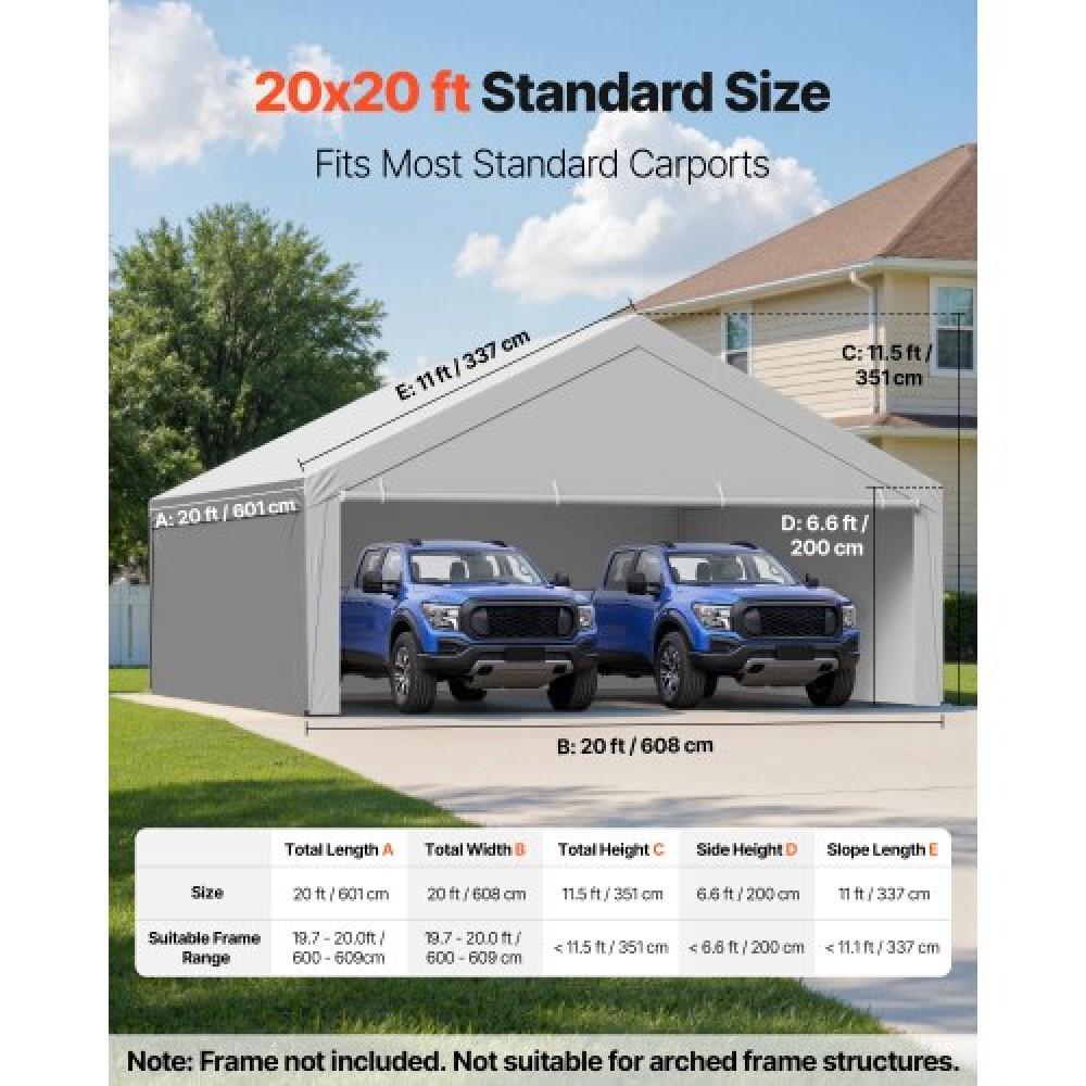 Ανταλλακτικό κουβούκλιο VEVOR Carport, 6 x 6 m Tarp για πόσιμο γκαράζ με πλάγια τοιχώματα, ανθεκτικό στην υπεριώδη ακτινοβολία & αδιάβροχο, βαρέως τύπου σκέπαστρο αυτοκινήτου με μπάγκες, γκρι, πλαίσιο δεν περιλαμβάνεται