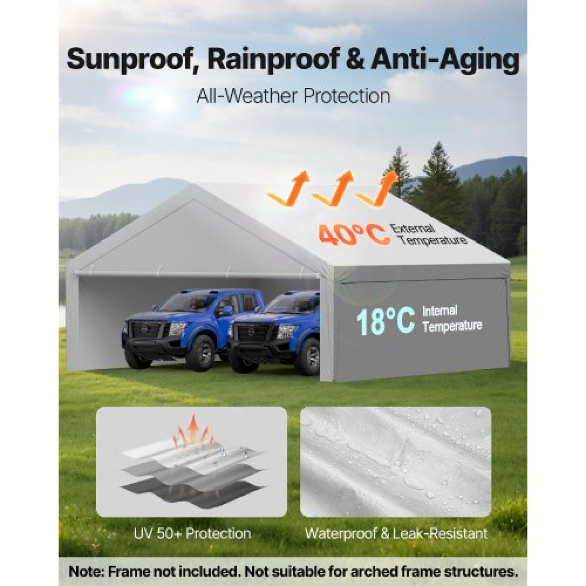 Ανταλλακτικό κουβούκλιο VEVOR Carport, 6 x 6 m Tarp για πόσιμο γκαράζ με πλάγια τοιχώματα, ανθεκτικό στην υπεριώδη ακτινοβολία & αδιάβροχο, βαρέως τύπου σκέπαστρο αυτοκινήτου με μπάγκες, γκρι, πλαίσιο δεν περιλαμβάνεται