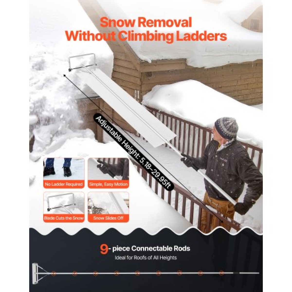 VEVOR Snow Roof Rake, 22 cm Lade Aluminium, 1,58-9,13 m Adjustable Roof Snow Scraper with Wheels & Slide, , Ελαφρύ εργαλείο αφαίρεσης χιονιού για καθαρισμό υπολειμμάτων στην ταράτσα σπιτιού