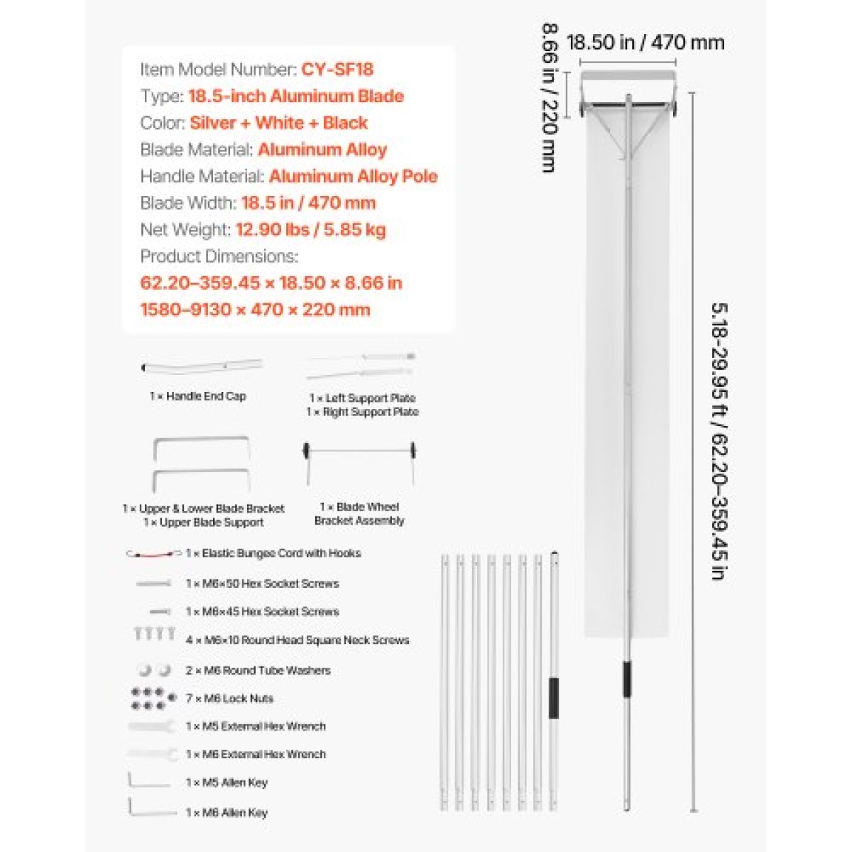 VEVOR Snow Roof Rake, 22 cm Lade Aluminium, 1,58-9,13 m Adjustable Roof Snow Scraper with Wheels & Slide, , Ελαφρύ εργαλείο αφαίρεσης χιονιού για καθαρισμό υπολειμμάτων στην ταράτσα σπιτιού