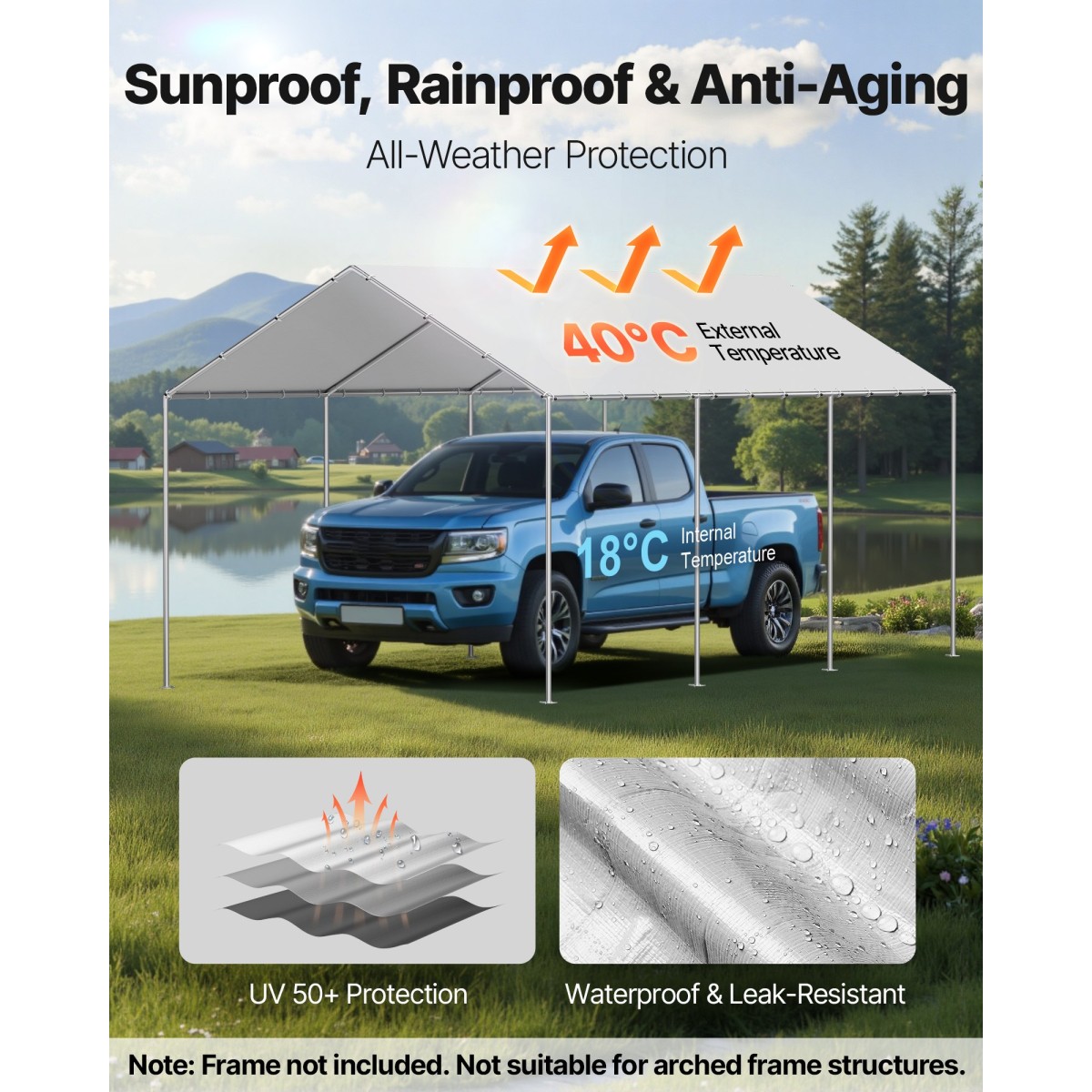 Ανταλλακτικό κουβούκλιο VEVOR, 3 x 6 m Tarp Tent Tent Garage Potable, Tarp για προστασία από την υπεριώδη ακτινοβολία και αδιάβροχο, κάλυμμα θύρας αυτοκινήτου βαρέως τύπου με μπάγκες, γκρι, πλαίσιο Δεν περιλαμβάνεται