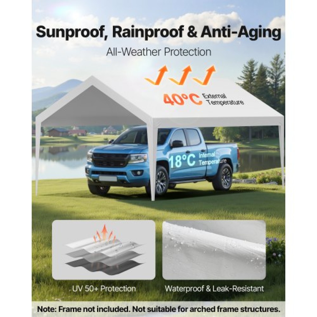 Ανταλλακτικό κουβούκλιο VEVOR, 3,6 x 6 m Tarp Tent Tent Potable Garage, Tarp για προστασία από την υπεριώδη ακτινοβολία & αδιάβροχο, κάλυμμα θύρας αυτοκινήτου βαρέως τύπου με μπάγκες, λευκό, πλαίσιο Δεν περιλαμβάνεται