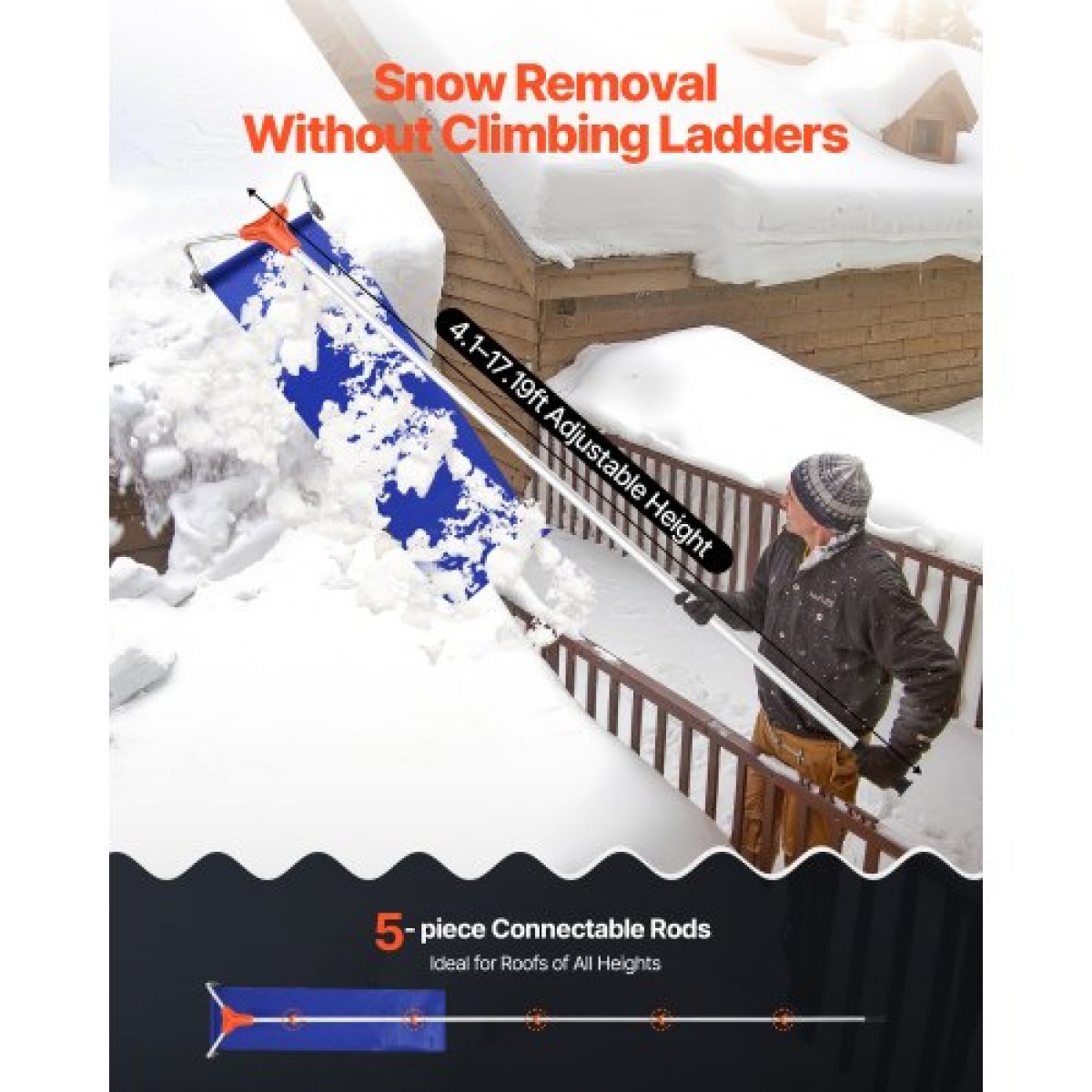 VEVOR Snow Roof Rake, 27cm λεπίδα αλουμινίου, 1,25-5,24 m Ρυθμιζόμενη ξύστρα οροφής με ρόδες και ολίσθηση, ελαφρύ εργαλείο αφαίρεσης χιονιού για καθαρισμό υπολειμμάτων στην ταράτσα σπιτιού