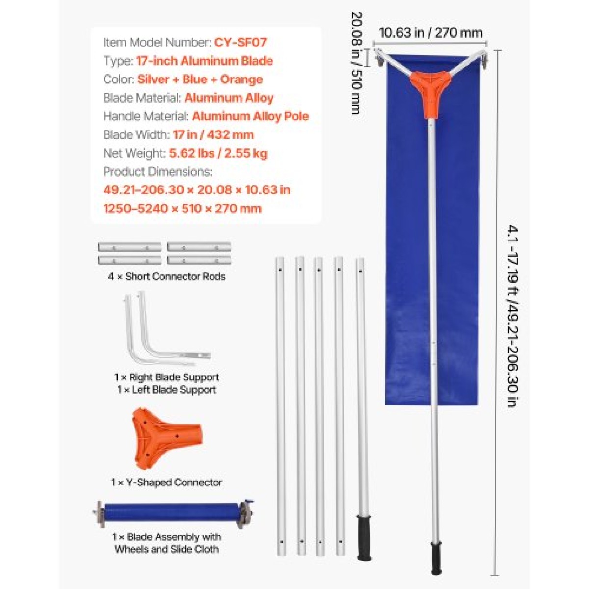 VEVOR Snow Roof Rake, 27cm λεπίδα αλουμινίου, 1,25-5,24 m Ρυθμιζόμενη ξύστρα οροφής με ρόδες και ολίσθηση, ελαφρύ εργαλείο αφαίρεσης χιονιού για καθαρισμό υπολειμμάτων στην ταράτσα σπιτιού