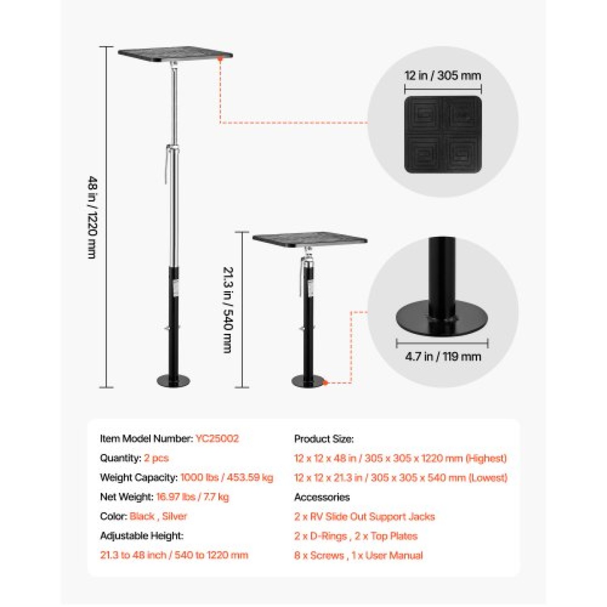 VEVOR RV Slide Out Support Jack, 2 PCS Camper Slide-Out Leveling Jack, Powder-coated Steel Jack Support for RV, Camper, Travel Trailer, Υποστηρίζει Έως 453,59kg, Ρυθμιζόμενο από 541,02 έως 48 1219,2mm
