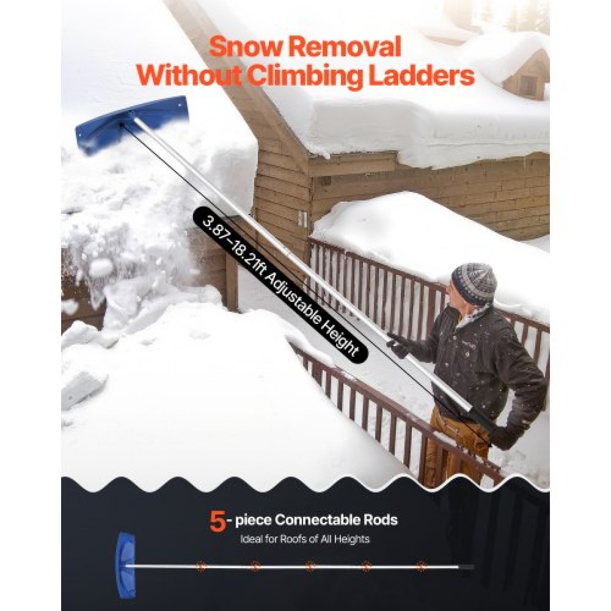 VEVOR Snow Roof Rake, 60cm PP Πλαστική λεπίδα, 1,18-5,55 m Ρυθμιζόμενη ξύστρα οροφής με ρόδες, αντιολισθητικό εργαλείο αφαίρεσης χιονιού με αντιολισθητική λαβή, ελαφριά τσουγκράνα ταράτσας σπιτιού για αφαίρεση συντριμμιών από φύλλα