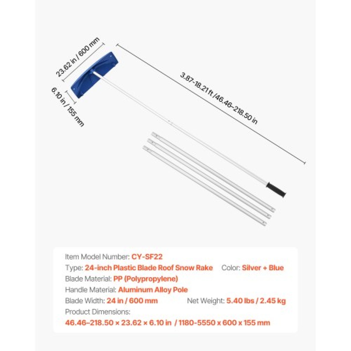 VEVOR Snow Roof Rake, 60cm PP Πλαστική λεπίδα, 1,18-5,55 m Ρυθμιζόμενη ξύστρα οροφής με ρόδες, αντιολισθητικό εργαλείο αφαίρεσης χιονιού με αντιολισθητική λαβή, ελαφριά τσουγκράνα ταράτσας σπιτιού για αφαίρεση συντριμμιών από φύλλα