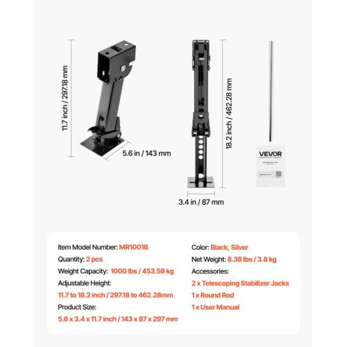 VEVOR Telescoping Stabilizer Jack, 2PCS Telescoping Folding Trailer Jack, Trailer Swing Down Stabilizer Jack for RV Trailer, Υποστηρίζει χωρητικότητα 453,59kg το καθένα, Ρυθμιζόμενο από 297,18mm έως 462,28mm