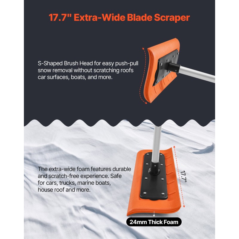 VEVOR Snow Roof Rake, 45cm λεπίδα αφρού, 2,25-5,62 m Ρυθμιζόμενη ξύστρα οροφής, σωλήνες επέκτασης & αντιολισθητική λαβή, ελαφρύ εργαλείο αφαίρεσης χιονιού για καθαρισμό φύλλων σπιτιού