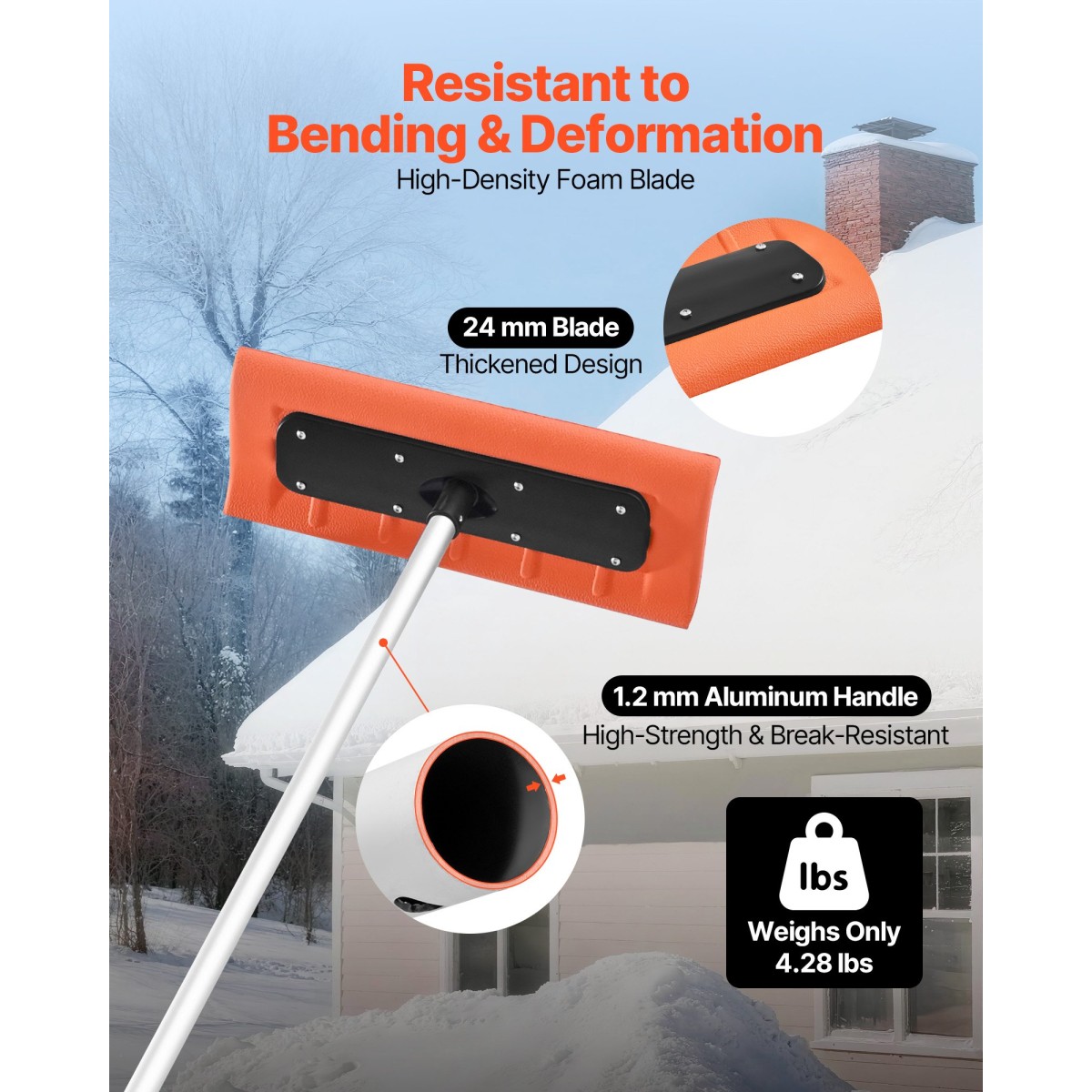 VEVOR Snow Roof Rake, 45cm λεπίδα αφρού, 2,25-5,62 m Ρυθμιζόμενη ξύστρα οροφής, σωλήνες επέκτασης & αντιολισθητική λαβή, ελαφρύ εργαλείο αφαίρεσης χιονιού για καθαρισμό φύλλων σπιτιού