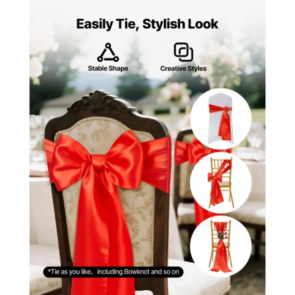 VEVOR Satin Chair Sashes Φιόγκοι, 50 τεμ. Κορδέλα καρέκλας, 7 x 108 ιντσών, Κόκκινη διακόσμηση δεξίωσης γάμου, για γαμήλια τελετή Baby Shower Party Events Διακοσμητικό κάλυμμα καρέκλας δεξιώσεων
