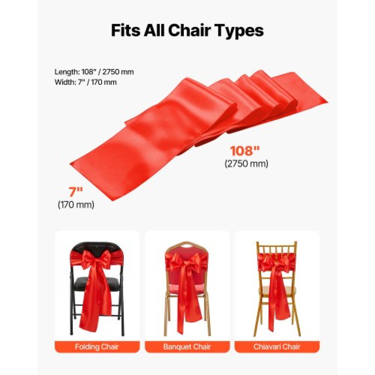 VEVOR Satin Chair Sashes Φιόγκοι, 50 τεμ. Κορδέλα καρέκλας, 7 x 108 ιντσών, Κόκκινη διακόσμηση δεξίωσης γάμου, για γαμήλια τελετή Baby Shower Party Events Διακοσμητικό κάλυμμα καρέκλας δεξιώσεων