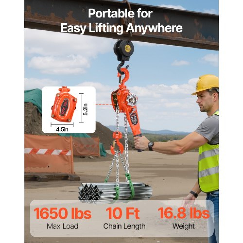 VEVOR Manual Lever Chain Hoist, 3/4T 750KG Capacity Heavy Duty Come Along, 3M Lift G80 Alloy Steel Chain With Dual Pawl Mechanical Brake, 360° Rotating Hooks, for Warehouse Construction Garage