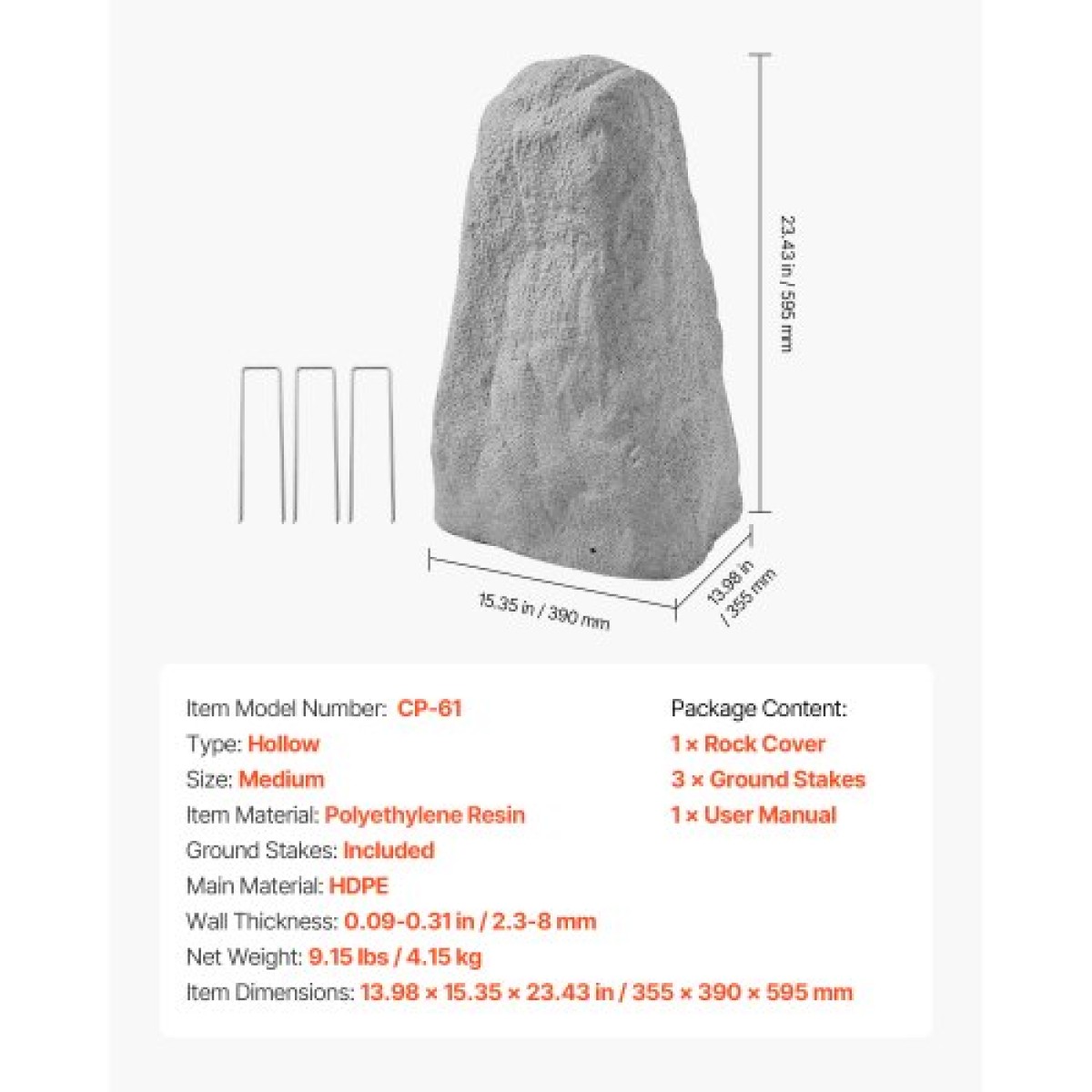 VEVOR Faux Rock Cover, Υπαίθριο κάλυμμα αντλίας ψεύτικου βράχου, ρεαλιστική φυσική υφή, ελαφρύ και ανθεκτικό στις καιρικές συνθήκες Τεχνητός ογκόλιθος από πολυρείνη για εξωραϊσμό Διακόσμηση αυλής κήπου, γκρι, μεσαίου μεγέθους