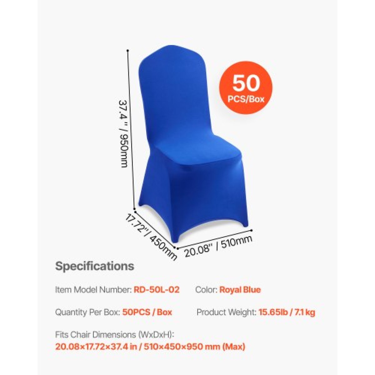 Καλύμματα καρέκλας VEVOR 50 τμχ Royal Blue, κάλυμμα καρέκλας Spandex από πολυεστέρα, Stretch slipcovers για δείπνο δείπνου γαμήλιου πάρτι Πλατεία μπροστινά καλύμματα καρέκλας, Ταιριάζει σε διαστάσεις καρέκλας έως 20,08 x 17,72 x 37,4 ίντσες