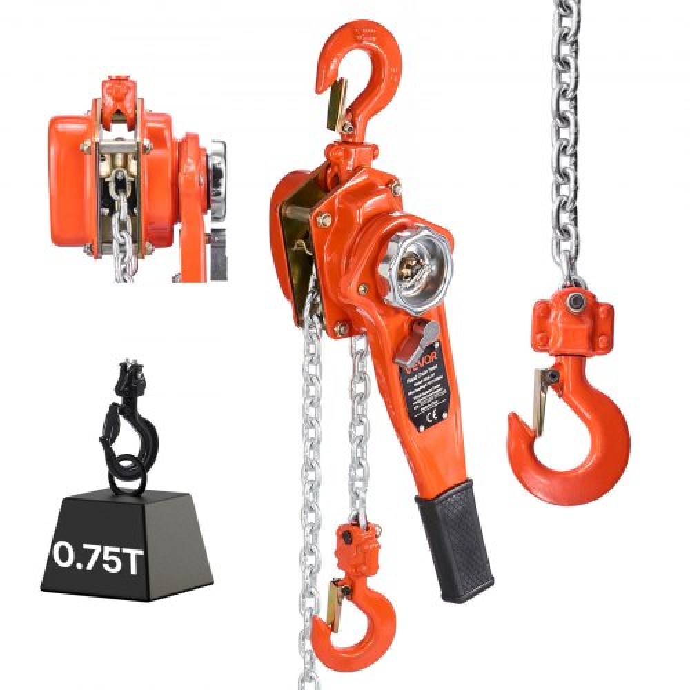 VEVOR Manual Lever Chain Hoist, 3/4T 750KG Capacity Heavy Duty Come Along, 1.5M Lift G80 Alloy Steel Chain With Dual Pawl Mechanical Brake, 360° Rotating Hooks, for Warehouse Construction Garage